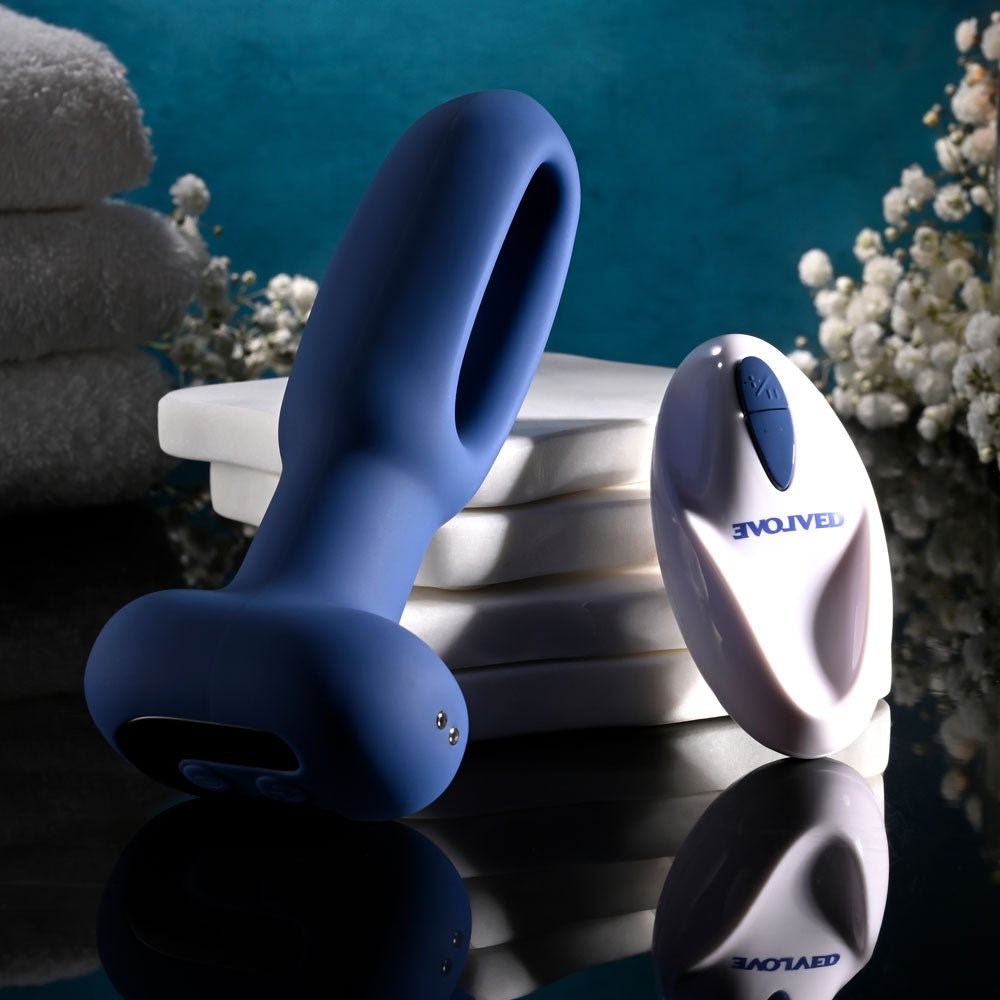 Evolved THE FLAPPER Vibrating and Flapping Butt Plug with Remote Blue Dual Action - - Butt Plugs