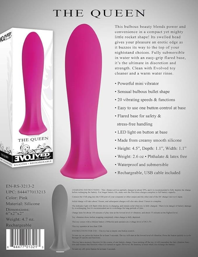 Evolved The Queen USB Rechargeable Bullet Vibrator Pink with 20 Functions - - Bullet Vibrators