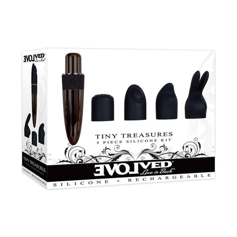 Evolved Tiny Treasures Mini Massager with 4 Attachments and 7 Speeds - Clit Ticklers and Pulsators
