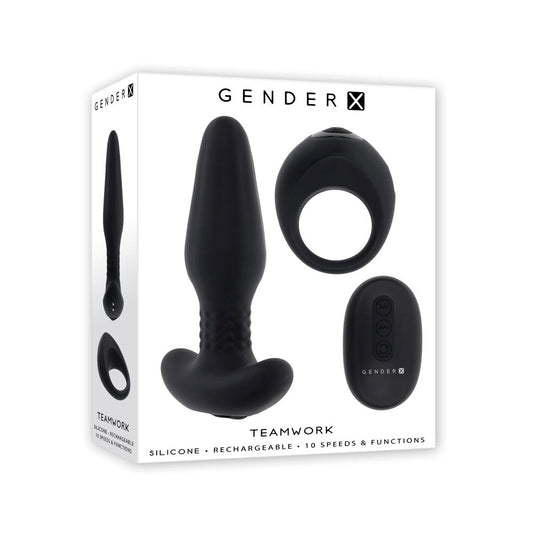 Evolved Gender X TEAMWORK Rimming Butt Plug & Vibrating Cock Ring Black Kit - - Vibrating Cock Rings
