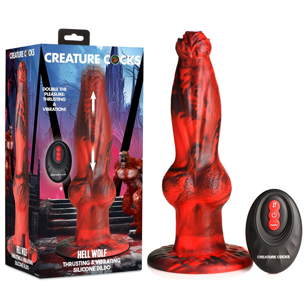 XR Brands Creature Cocks Hell Wolf Thrusting Fantasy Dildo Red 22cm Remote - - Vibrating Dildos
