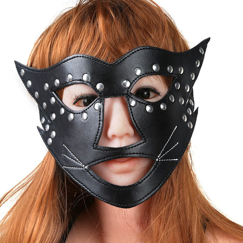 BDStyle Cat Face Mask with Beard Adjustable PU Leather Roleplay Mask - Blindfolds And Masks
