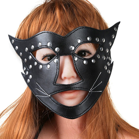 BDStyle Cat Face Mask with Beard Adjustable PU Leather Roleplay Mask - Blindfolds And Masks