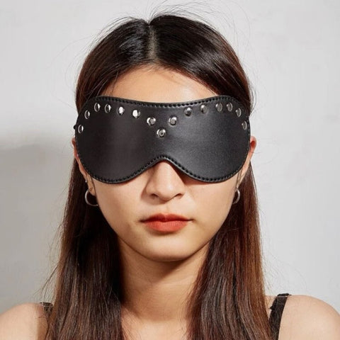 BDStyle Leather Blindfold Silver Stud Premium Sensory Deprivation Adult Toy - Blindfolds And Masks