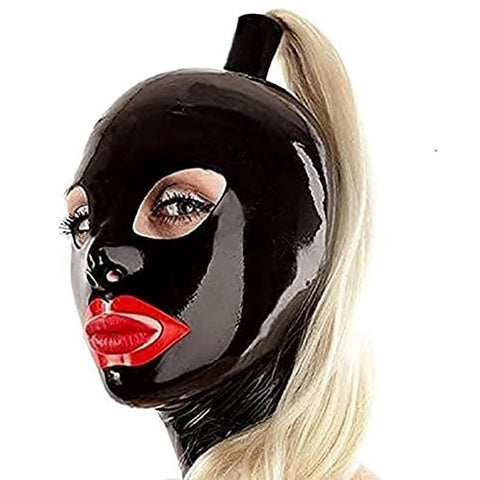 BDStyle Ponytail Bondage Mask Black Premium Latex Hood with Eye Openings - Blindfolds And Masks