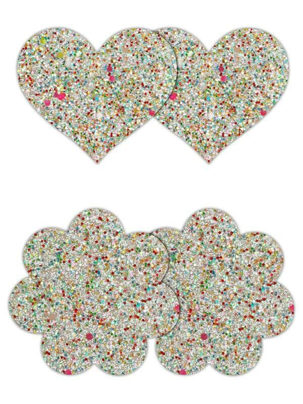 NS Novelties Pretty Pasties Heart and Flower Glow Nipple Cover 2 Pairs - Breast and Nipple Toys