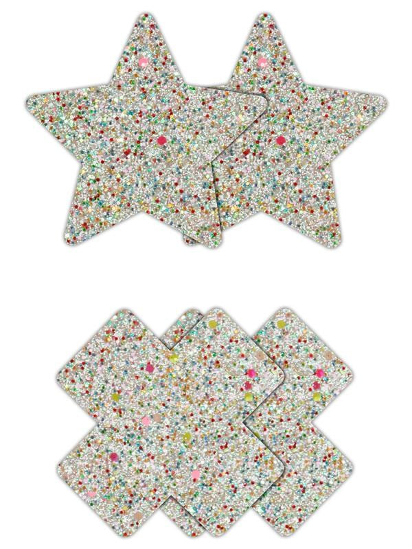 NS Novelties Pretty Pasties Star and Cross Glow Nipple Covers 2 Pairs Set - Breast and Nipple Toys