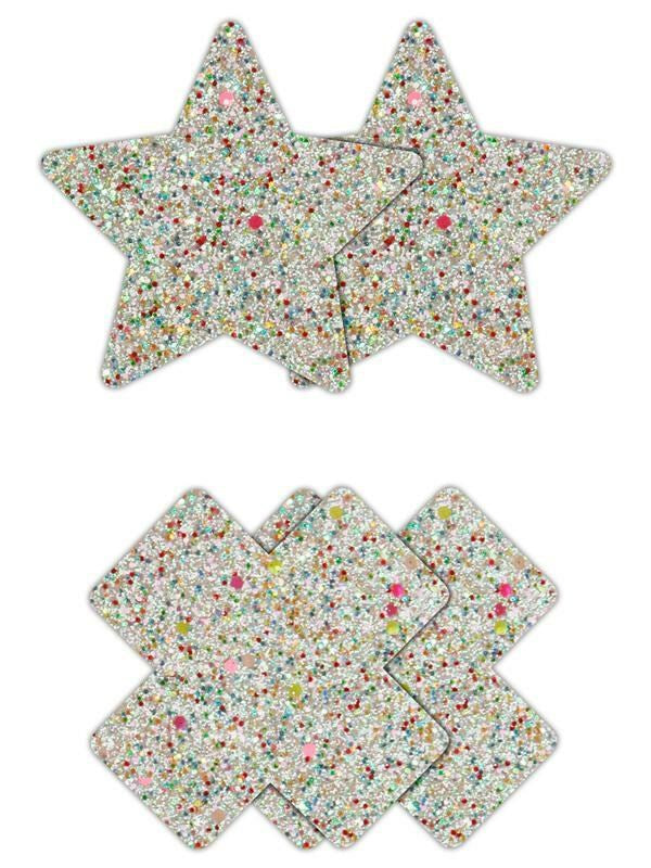 NS Novelties Pretty Pasties Star and Cross Glow Nipple Covers 2 Pairs Set - Breast and Nipple Toys
