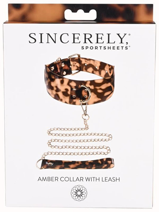 Sportsheets Amber Adjustable Collar with Leash Tortoiseshell BDSM Set - - Collars and Leads