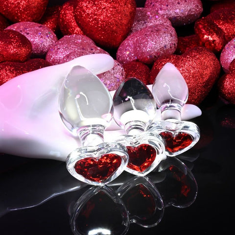 Adam & Eve Red Heart Gem Glass Butt Plug Set Clear 3 Sizes Progressive Anal Play - Butt Plugs