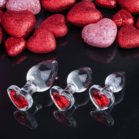 Adam & Eve Red Heart Gem Glass Butt Plug Set Clear 3 Sizes Progressive Anal Play - Butt Plugs