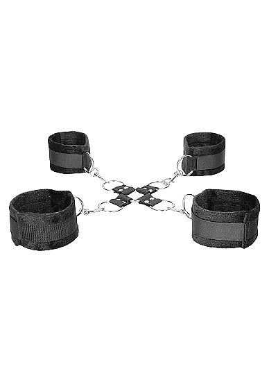 Shots Toys OUCH Black and White Velcro Hogtie With Hand and Ankle Cuffs - - Cuffs And Restraints
