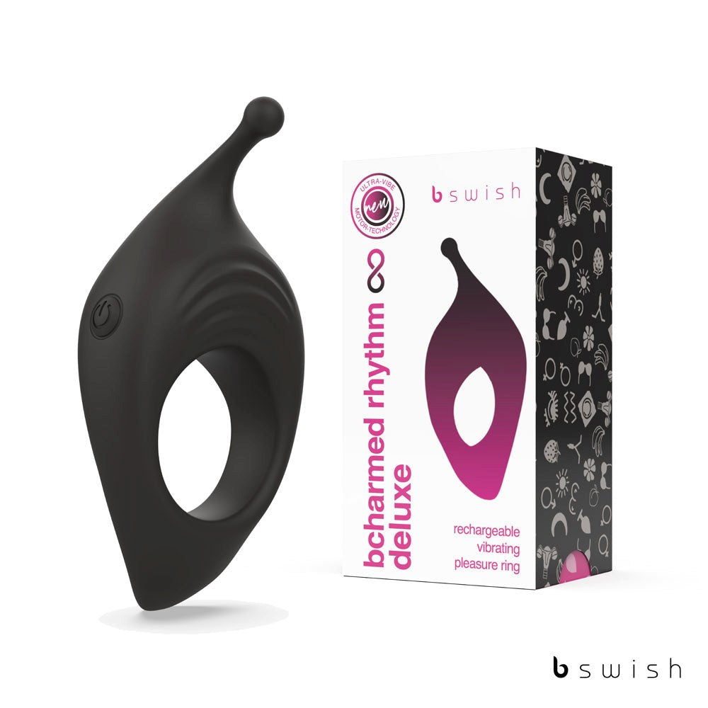 B Swish BCharmed Rhythm Infinite Deluxe Vibrating Cock Ring Black 15 Modes - - Vibrating Cock Rings