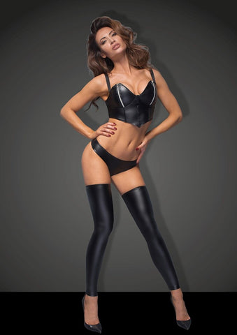 Noir Handmade Power Wetlook Stockings And Panties With Silver Zipper Set - Her Fetish