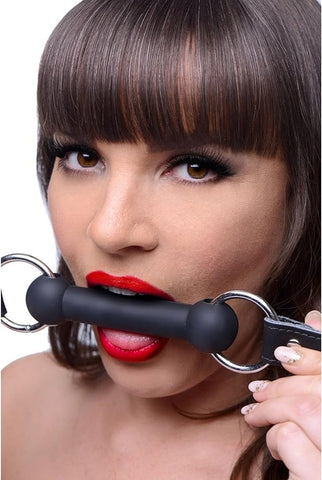 XR Brands Strict Bondage Play Silicone Bit Gag with Leather Strap - Bondage Gags and Bits