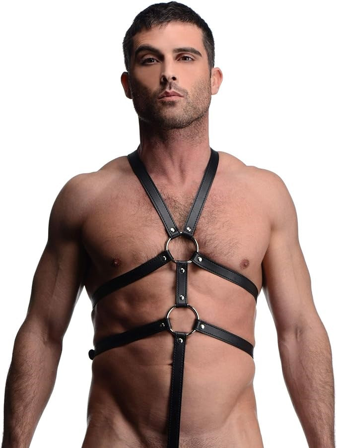 XR Brands Strict Male Full Body Bondage Play Harness Premium PU Leather - - Cuffs And Restraints