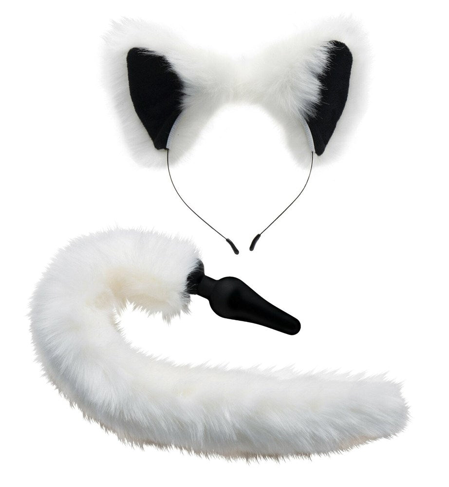 XR Brands Tailz White Fox Tail Anal Plug and Ears Set with Weighted Core - - Butt Plugs