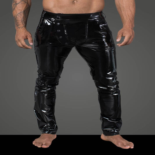 Noir Handmade Mens Long Elastic PVC Pants with Snap Fastenings - - His Fetish