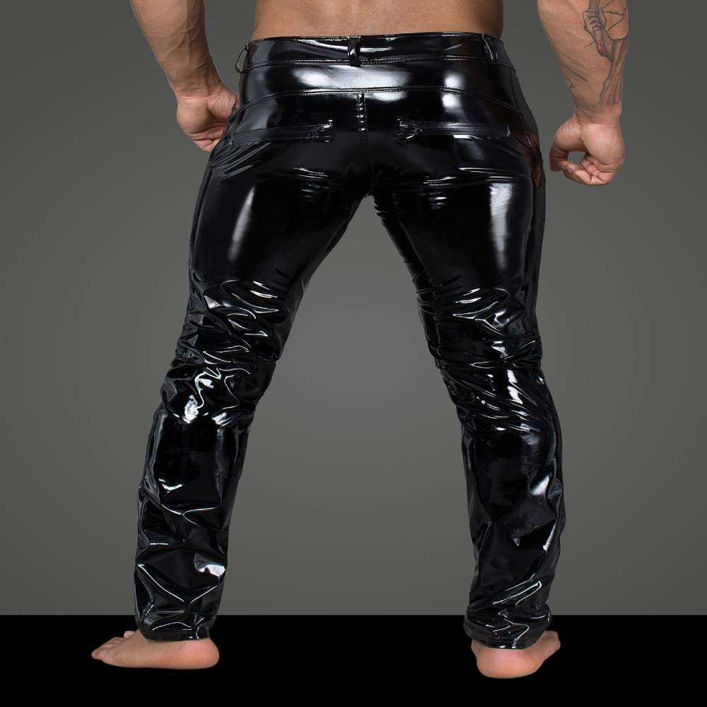 Noir Handmade Mens Long Elastic PVC Pants with Snap Fastenings - His Fetish
