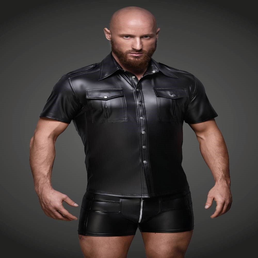 Noir Handmade Mens Wetlook Shirt With Front Pockets for Intimate Appeal - His Fetish