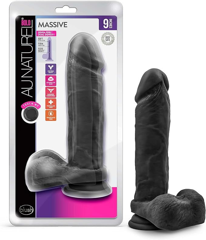 Blush Novelties Au Naturel Bold Massive Realistic Dildo With Balls Black 9 Inch - - Realistic Dildos