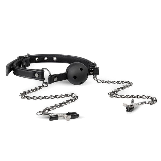 Fetish Collection Open Ball Gag With Nipple Clamps Breathable Design - - Nipple and Clit Clamps