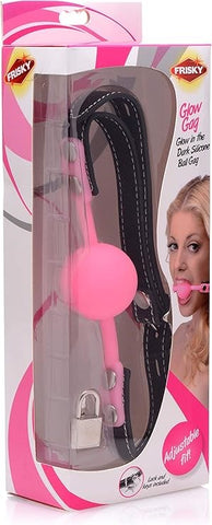 XR Brands Frisky Glow Gag Glow in the Dark Silicone BDSM Ball Gag with Lock - Bondage Gags and Bits