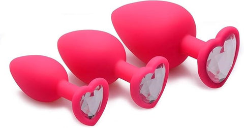 XR Brands Frisky Pink Hearts Silicone Anal Plugs with Gem Accents 3 Piece - Butt Plugs