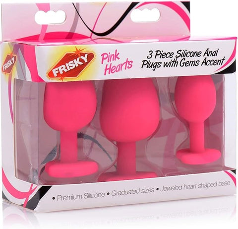 XR Brands Frisky Pink Hearts Silicone Anal Plugs with Gem Accents 3 Piece - Butt Plugs