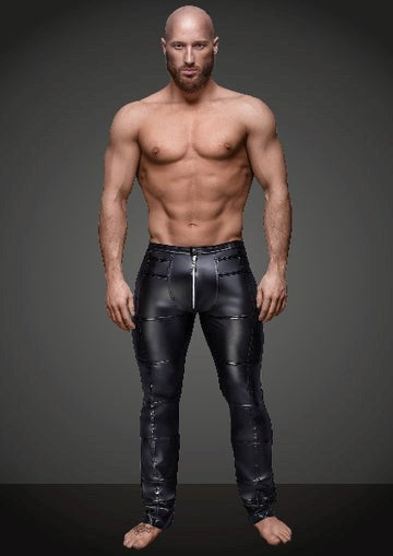 Noir Handmade Mens Sexy Wetlook Pants With PVC Details and Front Zipper - - His Fetish