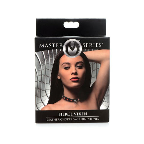 XR Brands Master Series Bling Vixen Leather Choker Collar With Rhinestones - Collars and Leads