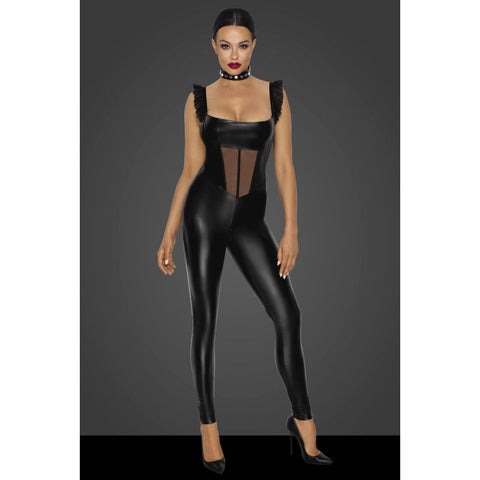 Noir Handmade Power Wetlook Overall Women Dress With Tulle Panel Black Lingerie - Her Fetish