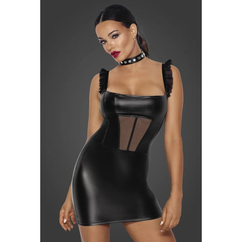 Noir Handmade Power Wetlook Short Dress With Front Tulle Inserts Black Seductive - Her Fetish