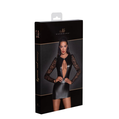 Noir Handmade Power Wetlook Dress With Lace Sleeves Erotic Fetish Wear - Her Fetish