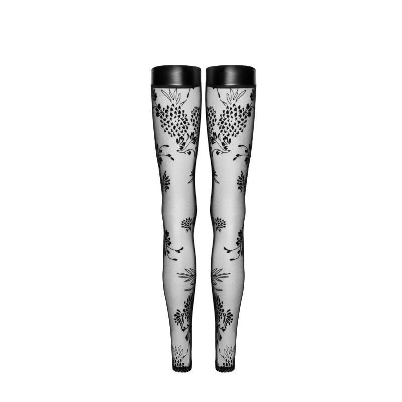 Noir Handmade Tulle Stockings With Embroidery and Power Wetlook Band Black - Her Fetish