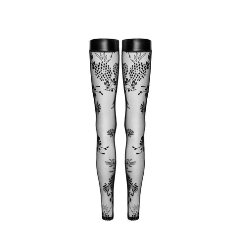 Noir Handmade Tulle Stockings With Embroidery and Power Wetlook Band Black - Her Fetish