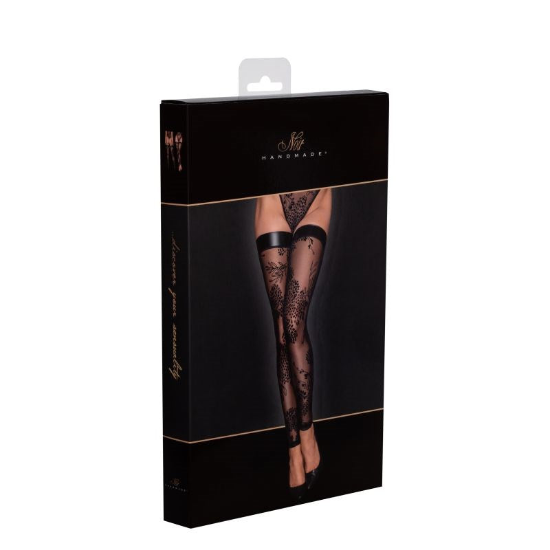 Noir Handmade Tulle Stockings With Embroidery and Power Wetlook Band Black - Her Fetish