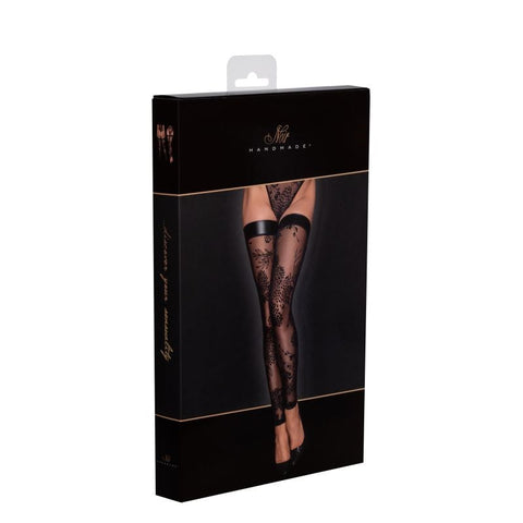 Noir Handmade Tulle Stockings With Embroidery and Power Wetlook Band Black - Her Fetish