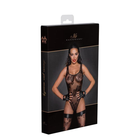 Noir Handmade Womens Tulle Bodysuit With Patterned Flock Embroidery Black Sheer Seductive - Her Fetish