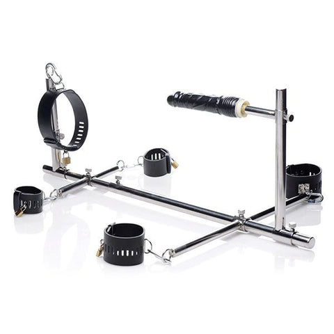 XR Brands Master Series Imprisoned Metal Stockade With Dildo Restraint System - Sex Furniture