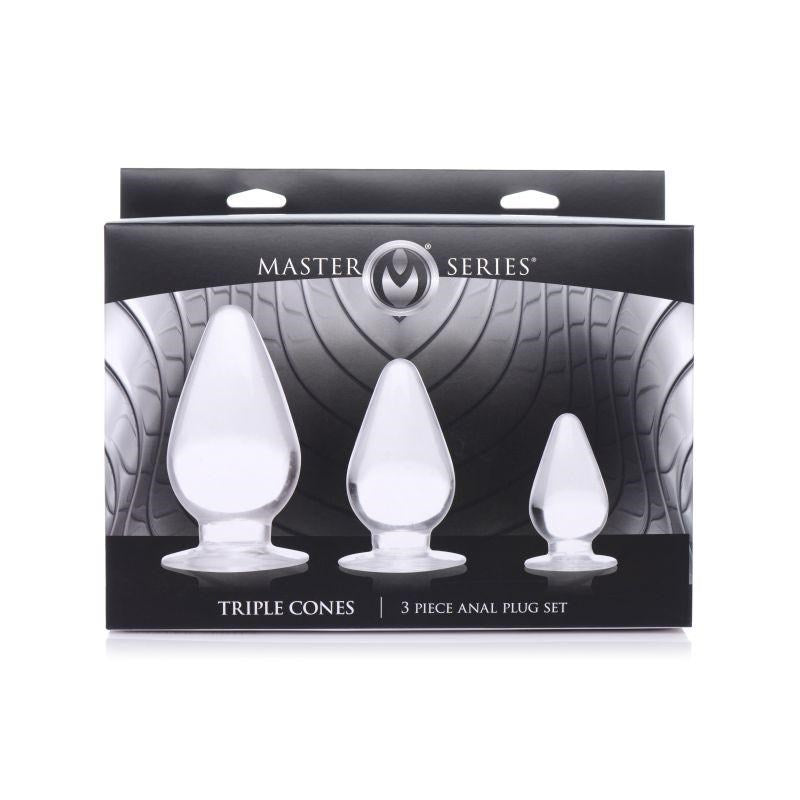 XR Brands Master Series Triple Cones Anal Plug Set 3 Piece Clear Progressive Sizes - - Butt Plugs