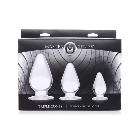 XR Brands Master Series Triple Cones Anal Plug Set 3 Piece Clear Progressive Sizes - Butt Plugs