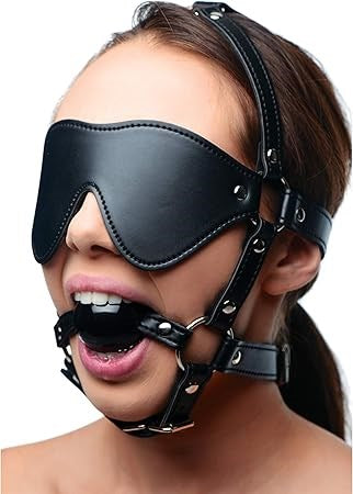 XR Brands Strict Blindfold Harness With BDSM Play Ball Gag Professional Grade - Bondage Gags and Bits