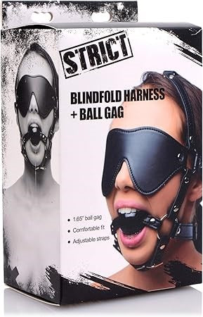 XR Brands Strict Blindfold Harness With BDSM Play Ball Gag Professional Grade - Bondage Gags and Bits