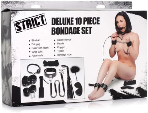XR Brands Strict Deluxe Bondage Set 10 Piece Black Complete BDSM Collection - Bondage Kits