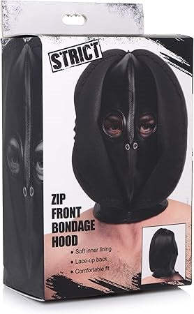 XR Brands Strict Zip Front Bondage Hood Black with Zip Front Access - - Bondage Hoods