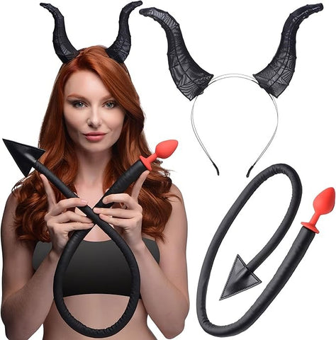 XR Brands Tailz Devil Tail Anal Plug and Horn Set Black with Devil Horns - Butt Plugs