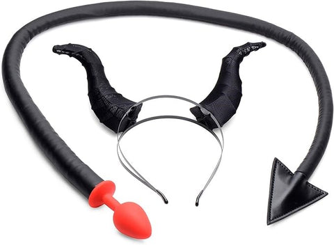 XR Brands Tailz Devil Tail Anal Plug and Horn Set Black with Devil Horns - Butt Plugs