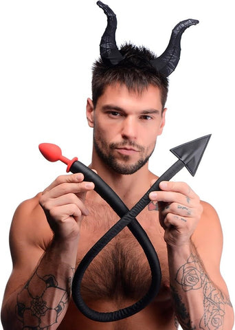 XR Brands Tailz Devil Tail Anal Plug and Horn Set Black with Devil Horns - Butt Plugs