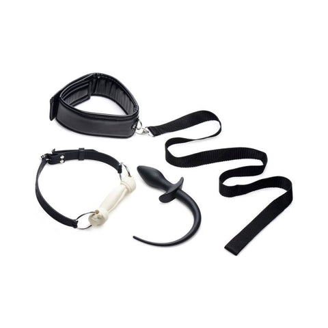 XR Brands Tailz Puppy Play Set incl Gag Plug & Collar Black Complete Kit - Bondage Kits